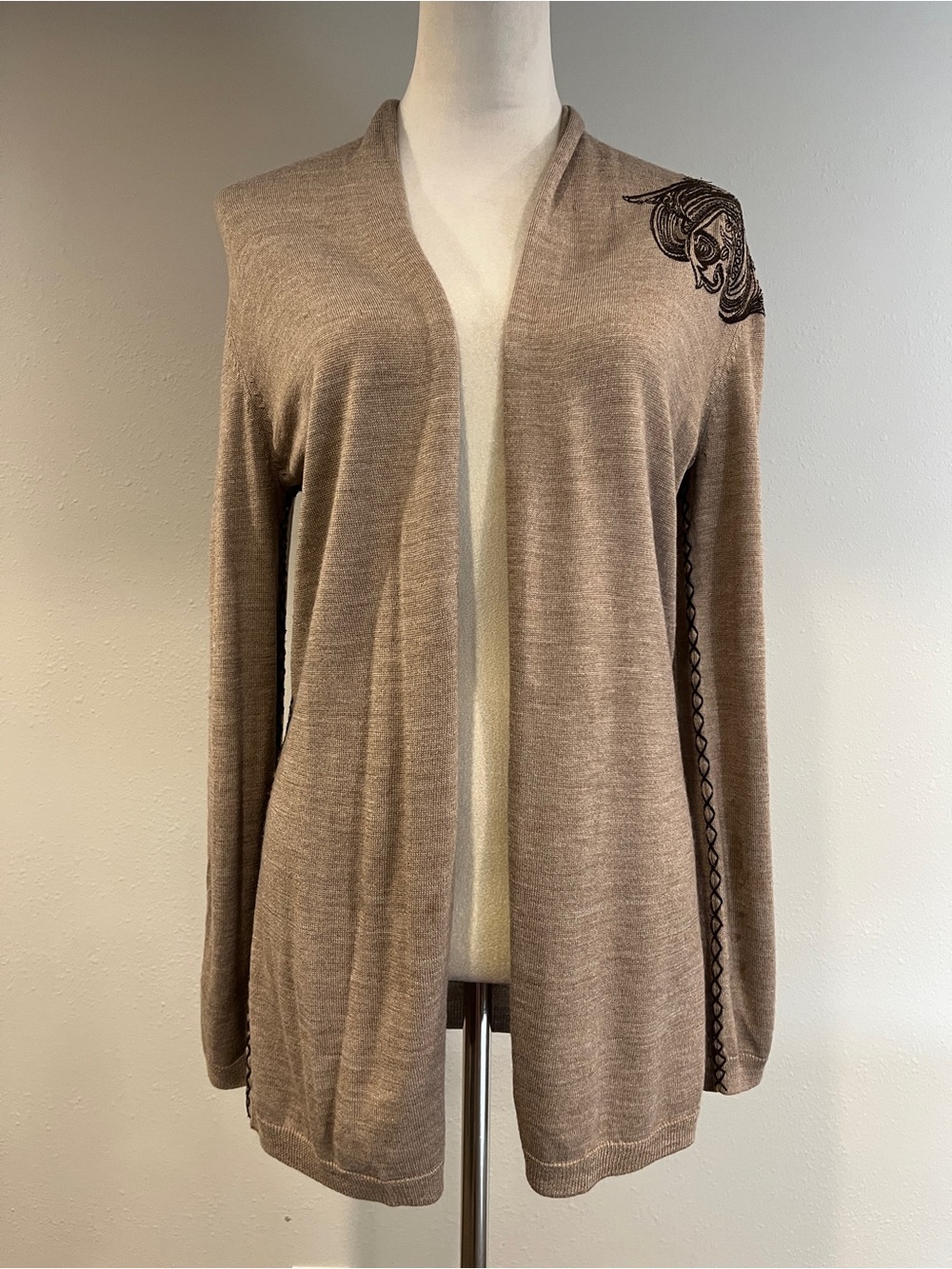 Maurices wool Open-Front Taupe Women's Cardigan Sweater with Embroidered Shoulde